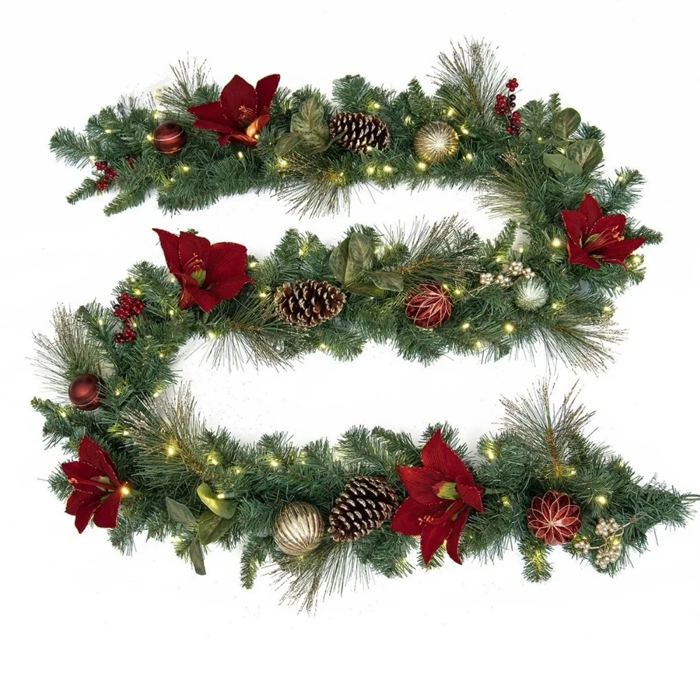 Member’s Mark 9’ Pre-Lit Holiday Garland with Red Blooms and Gold Details